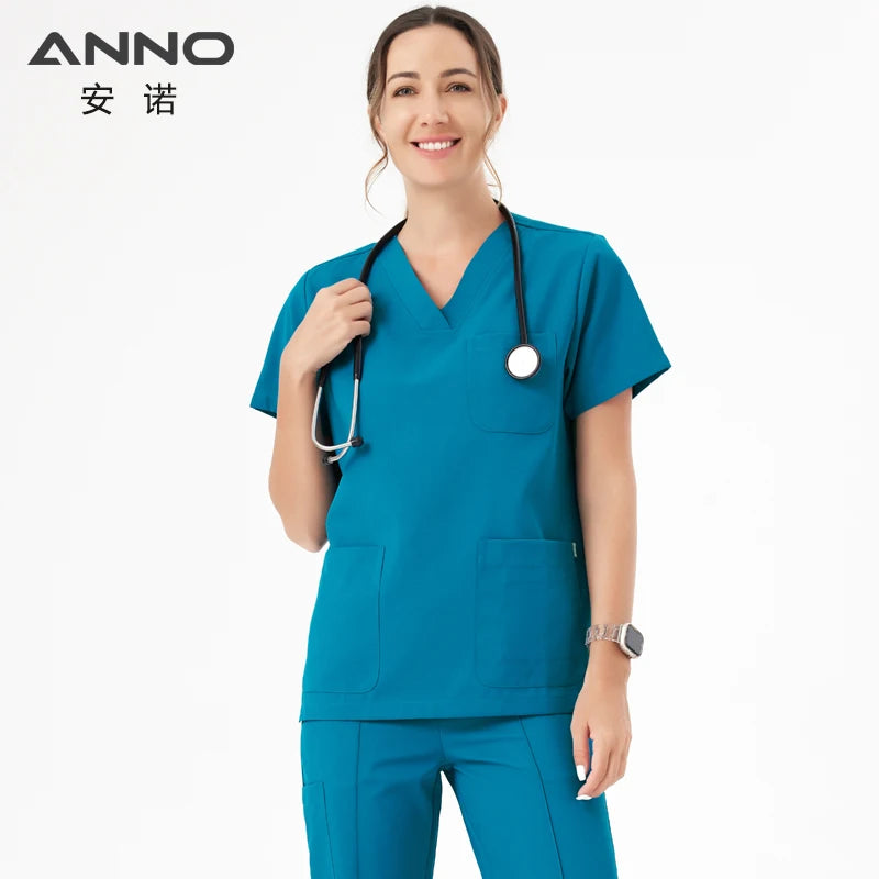 Unisex Medical Scrubs Set New Heat Preservation Thermostatic Fabric Nursing Robe Suit for Winter Paramedic Coveralls Uniforms Malachite Blue-Short