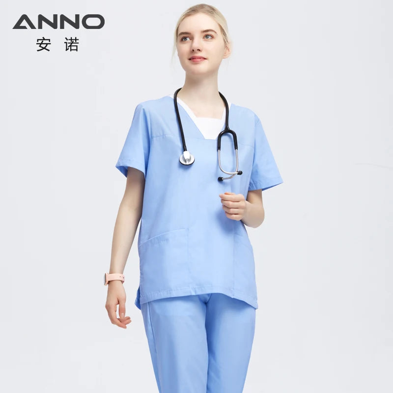 ANNO Blue Scrubs Clothes Nurse Uniforms Pretty Dental Suit Hospital Clothing Sets Tops Bottoms Summer Work Suit