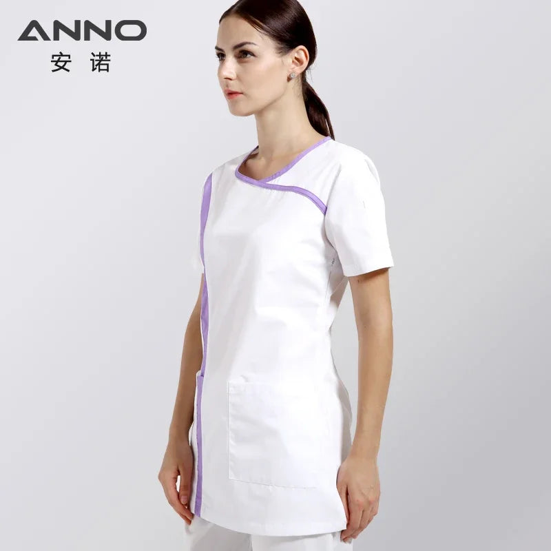 ANNO White Short Sleeves Nurse Uniforms Cotton Scrubs For Women Slim Fit O Neck Summer Beauty Salon Uniforms Clothing