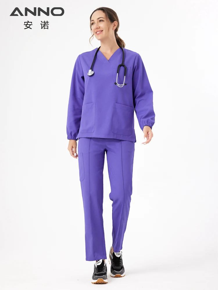 Unisex Medical Scrubs Set New Heat Preservation Thermostatic Fabric Nursing Robe Suit for Winter Paramedic Coveralls Uniforms Very Peri-Long