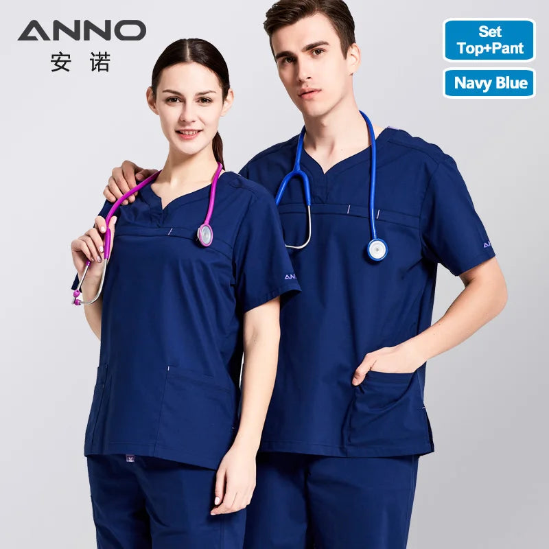 ANNO Nursing Uniforms Elastic Spandex Clinics Suit Female Male Scrubs Hospital Clothing Breathable Cloth Heathy Beauty Wear T02-Navy Blue-Set