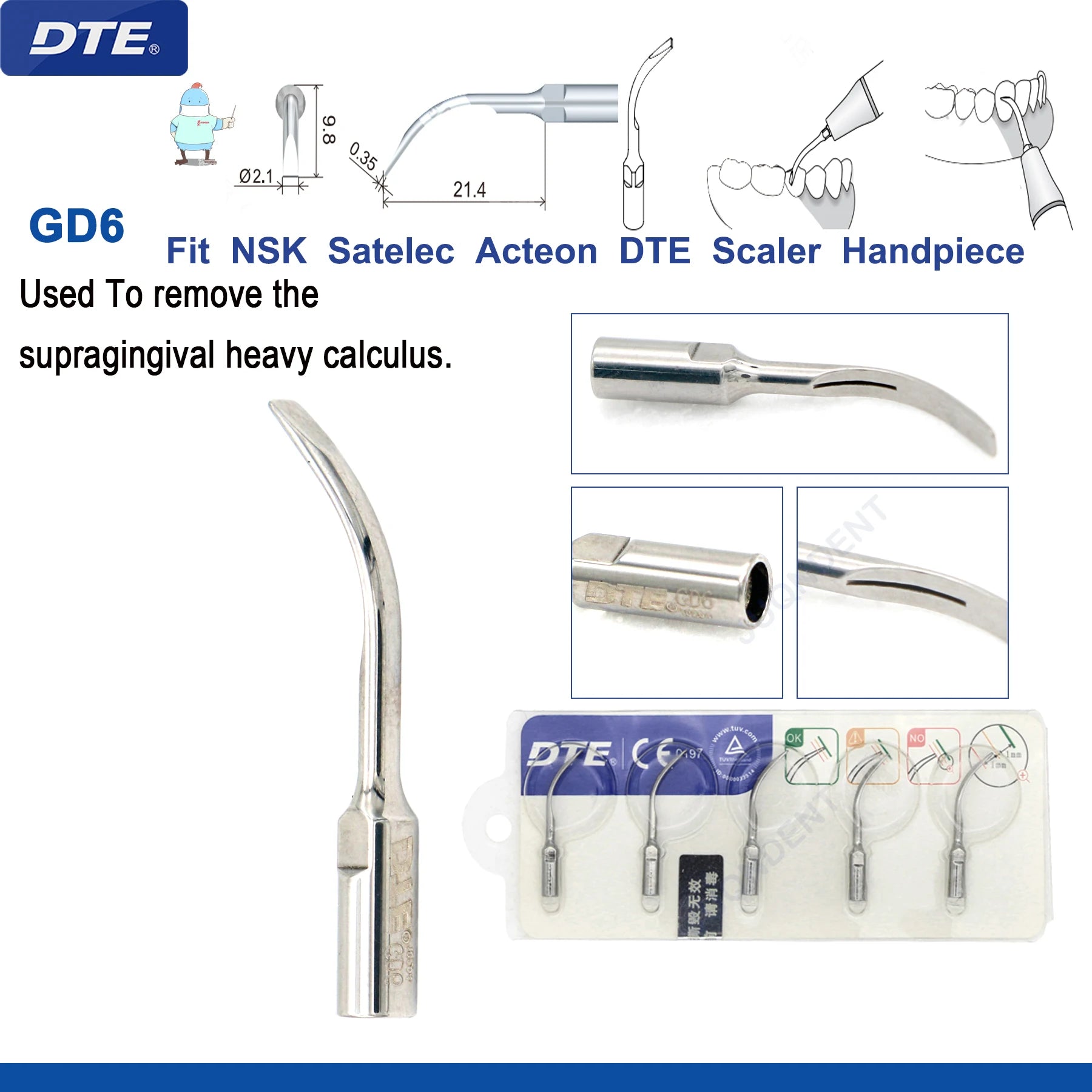 Original Woodpecker DTE Dental Scaler Tips Ultrasonic Scaling Tip G1-G8 GD1-GD8 For teeth cleaning Fit EMS NSK Satelec Acteon GD6-5pc