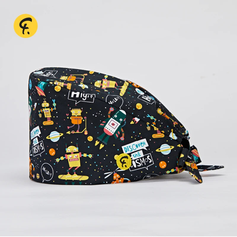 100% Cotton Medical Scrub Caps Women Men Dentist Hospital Doctor Work Surgical Hats Nursing Head Dress Carton Print FRH01-X121