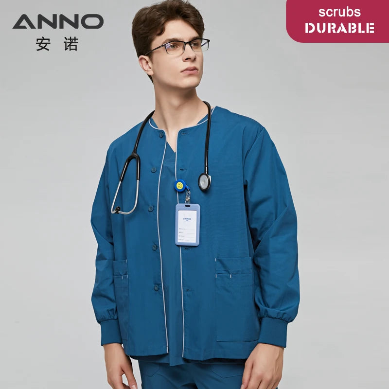 Long Sleeves Scrubs Jacket Pretty Outfit Nurse Out Coat Doctor Shirt Hospital Nursing Staff Uniforms Autumn Winter Work Wear A11-Lake Blue