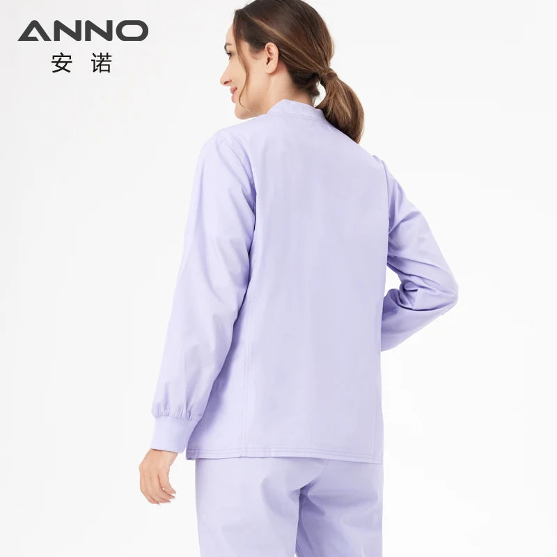 ANNO Long Sleeves Scrubs Jacket Outfit Nurse Unifrom Out Coat Doctor Shirt Out Wear Women Men Nursing Top Hospital Clothing