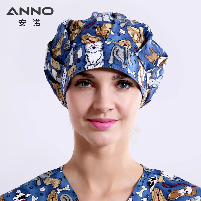 ANNO Cotton Caps Women Hospital Doctor Nurse Work Hats Bouffant Nursing Cap with Sweatband Long Hair Head Wear Chlorine Bleach 01A-B04