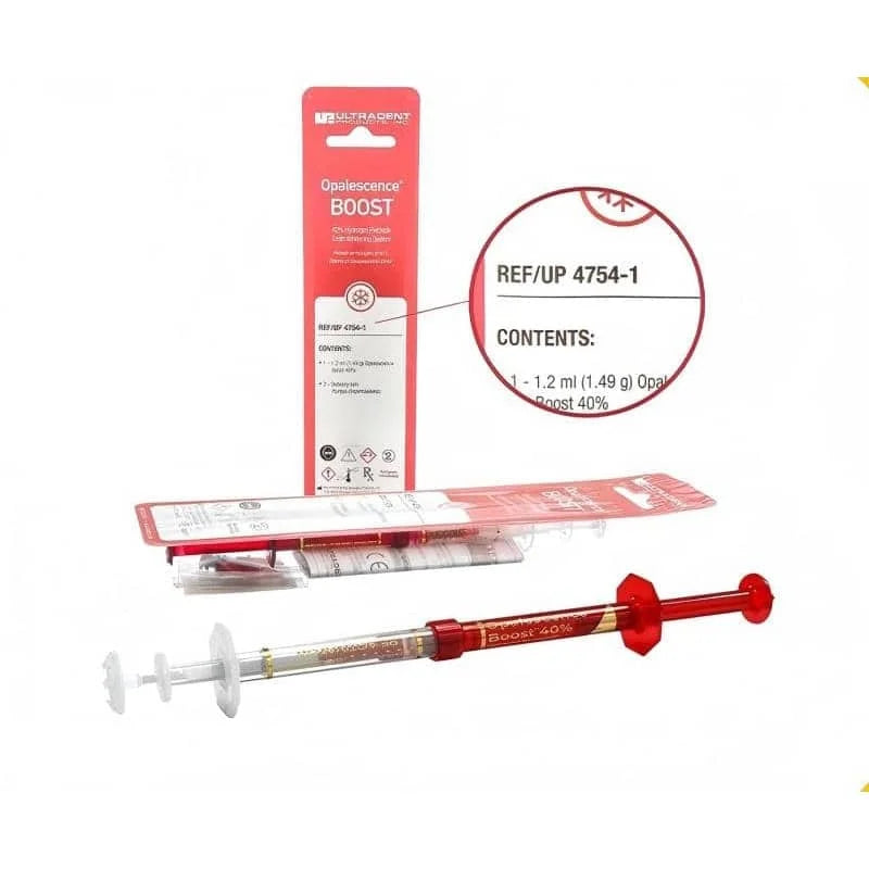 Ultradent Boost Teeth Whitening Kit: Whitening Gel + Green Light-Cured Gingival Barrier (1.2mL/syringe, with Applicator Tip)