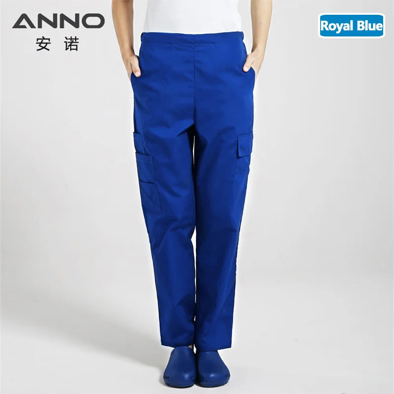 ANNO Multi function Nurse Uniform Bottoms Cotton More Pockets Work Trouser Dental SPA Nursing Scrub Pants A08-Royal Blue