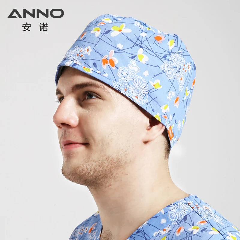 ANNO Disposable Cotton Caps Women Man Hat Clinic Hospital Doctor Nurse Work Hat Bouffant Printing Nursing Cap with Sweatband 01C-B29