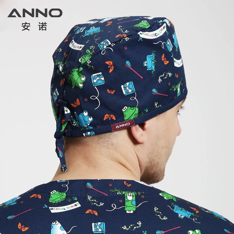 ANNO Disposable Cotton Caps Women Man Hat Clinic Hospital Doctor Nurse Work Hat Bouffant Printing Nursing Cap with Sweatband