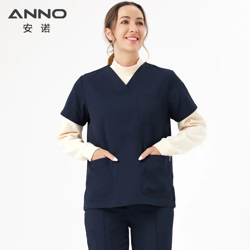 ANNO Cold Fabric Medical Scrubs Set Nursing Uniform Hospital Sanitary Nurse Suit Antibacteria Uniforms Antistatic Coveralls CP01-Set