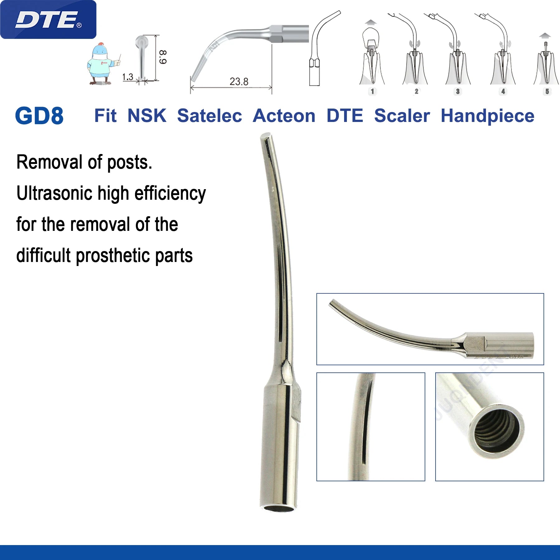 Original Woodpecker DTE Dental Scaler Tips Ultrasonic Scaling Tip G1-G8 GD1-GD8 For teeth cleaning Fit EMS NSK Satelec Acteon GD8-1pc