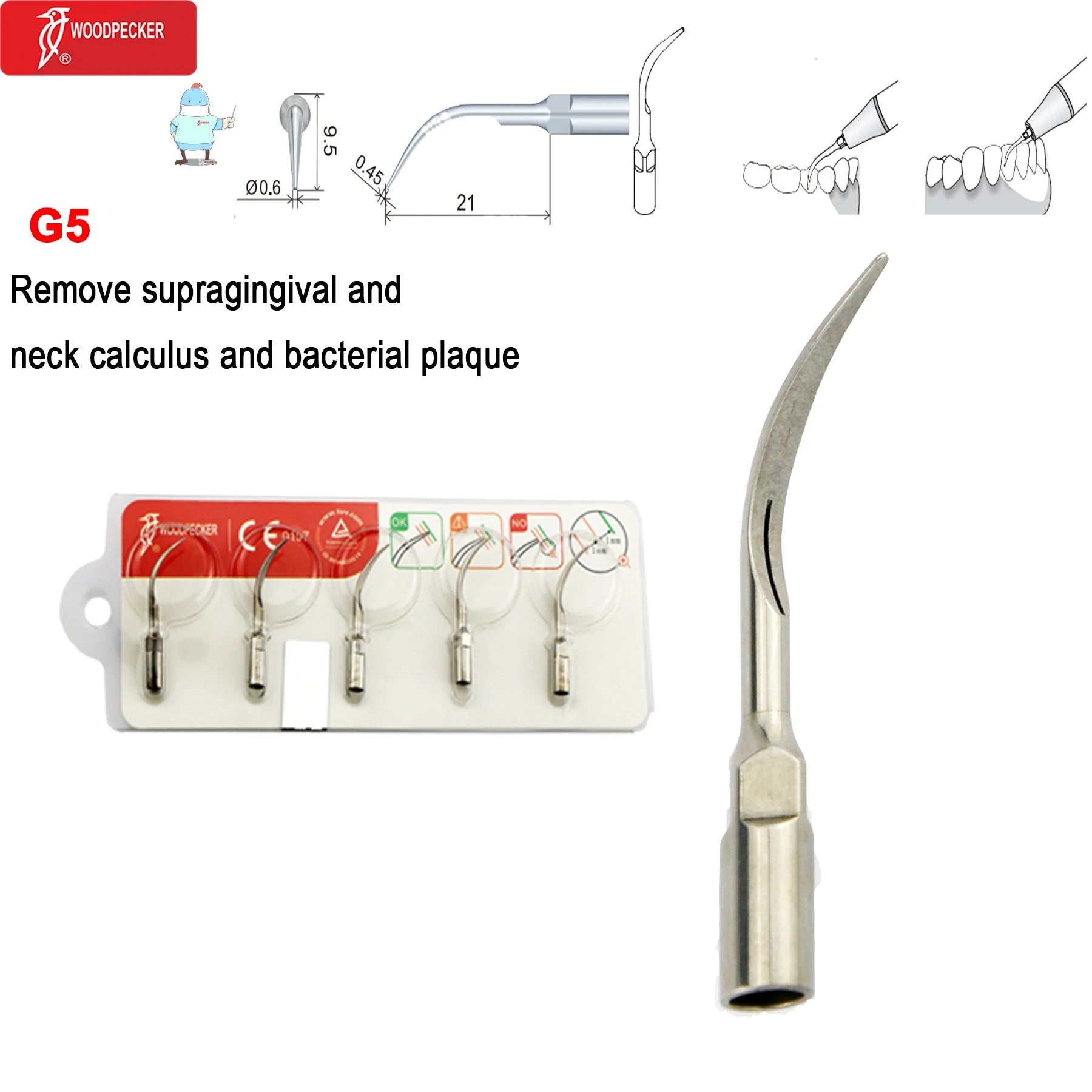 Original Woodpecker Dental Scaler Tips Ultrasonic Scaling Tip G1 G2 G3 G4 G5 G6 G7 G8 Fit For EMS UDS G5-5pcs
