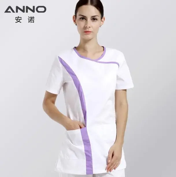 ANNO White Short Sleeves Nurse Uniforms Cotton Scrubs For Women Slim Fit O Neck Summer Beauty Salon Uniforms Clothing White(BaiSe)