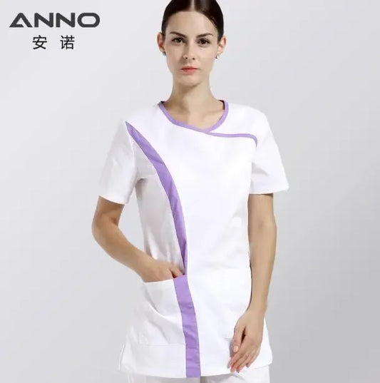 ANNO White Short Sleeves Nurse Uniforms Cotton Scrubs For Women Slim Fit O Neck Summer Beauty Salon Uniforms Clothing White(BaiSe)