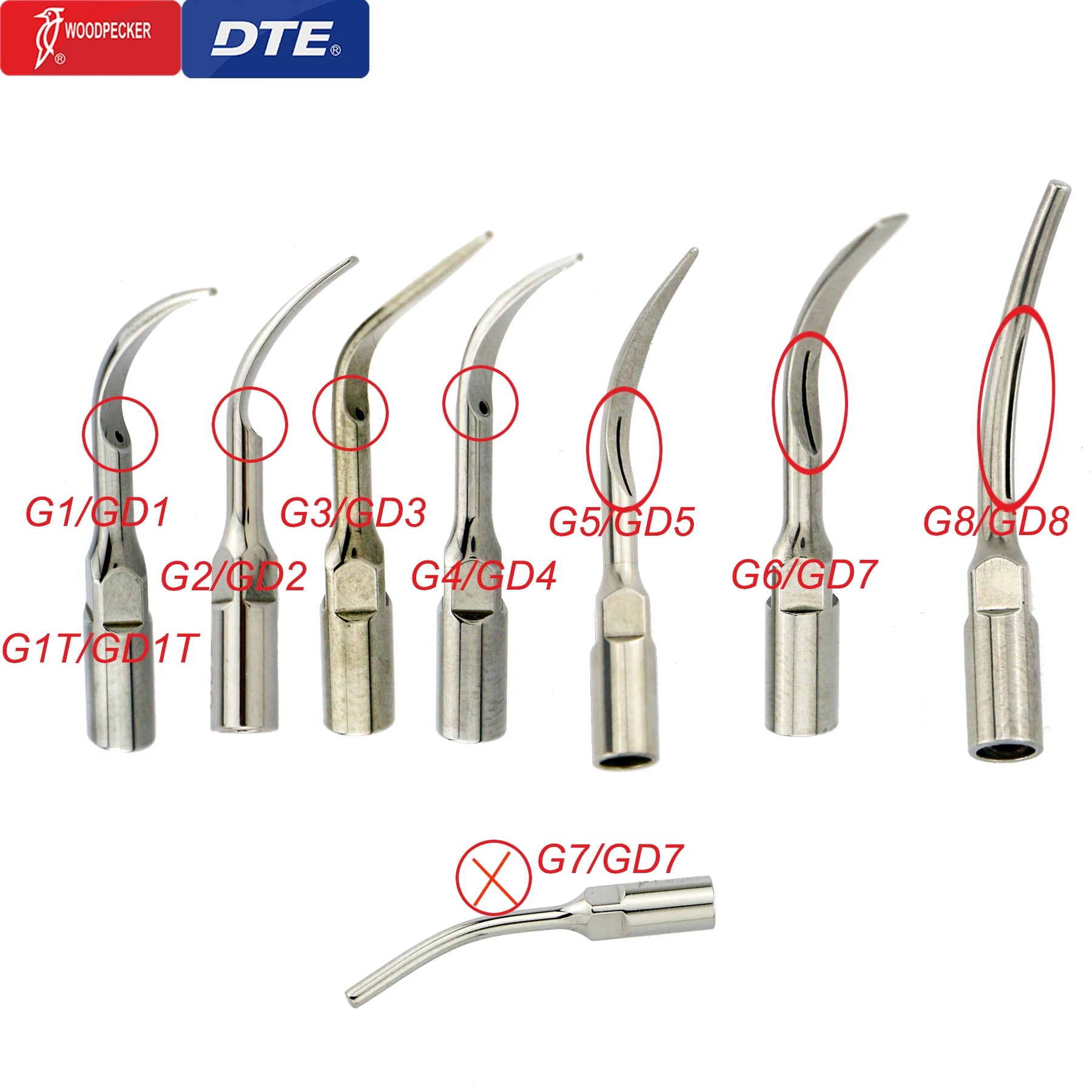 Original Woodpecker DTE Dental Scaler Tips Ultrasonic Scaling Tip G1-G8 GD1-GD8 For teeth cleaning Fit EMS NSK Satelec Acteon