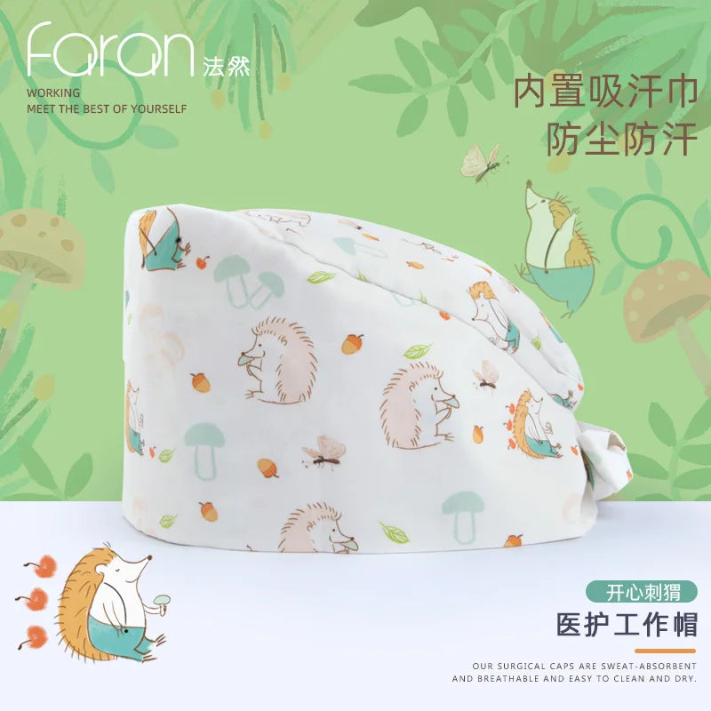 Faran Cotton Scrub Caps Women Men Dentist Hospital Doctor Work Surgical Hats Nursing Head Dress for Men Animal Carton Print FRH01-X088