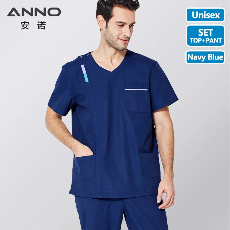 ANNO Scrubs Set with Contrast Color Nursing Scrub Suit Women Men Nurse Uniform Blue Clothing Clinic Uniforms ZangQin-Set