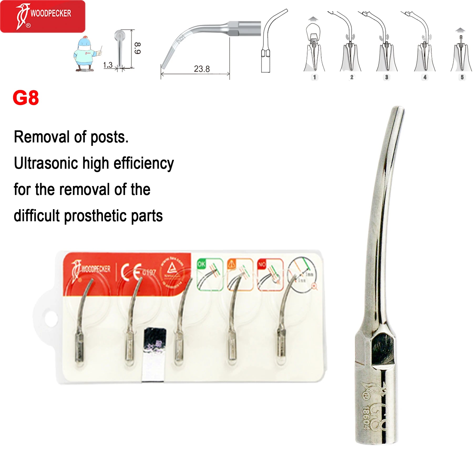 Original Woodpecker DTE Dental Scaler Tips Ultrasonic Scaling Tip G1-G8 GD1-GD8 For teeth cleaning Fit EMS NSK Satelec Acteon G8-5pc