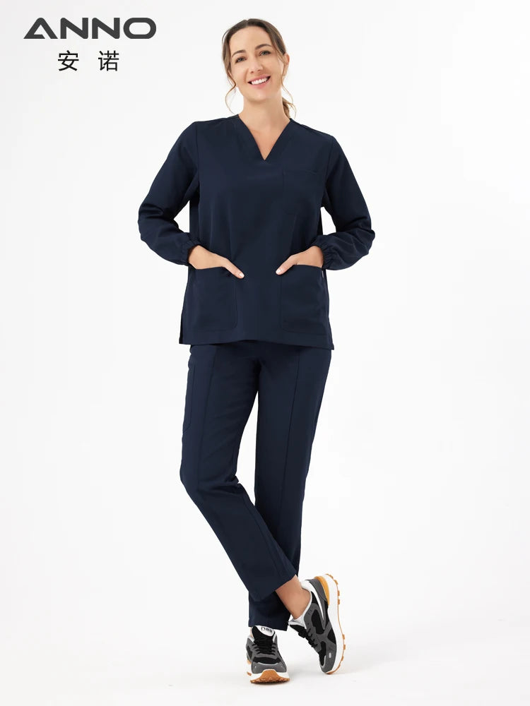 Unisex Medical Scrubs Set New Heat Preservation Thermostatic Fabric Nursing Robe Suit for Winter Paramedic Coveralls Uniforms Navy Blue-Long
