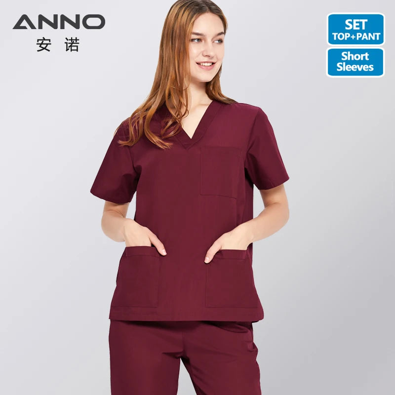 ANNO Solid Color Scrubs Set Work Cloths with Short/Long Sleeves Nursing Uniform Tops Trousers Nurse Suit Hospital Dress 09SS001-AnHong-Set