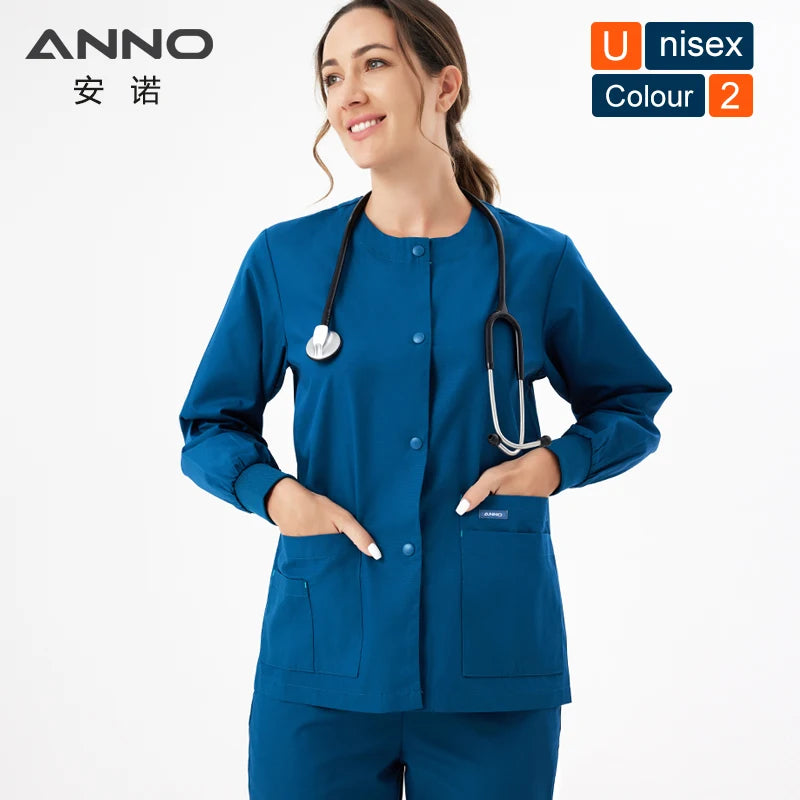 ANNO Long Sleeve Nurse Jacket Out Coat Doctor Shirt Women Men Nursing Uniform Top Hospital Clothing Work Wear