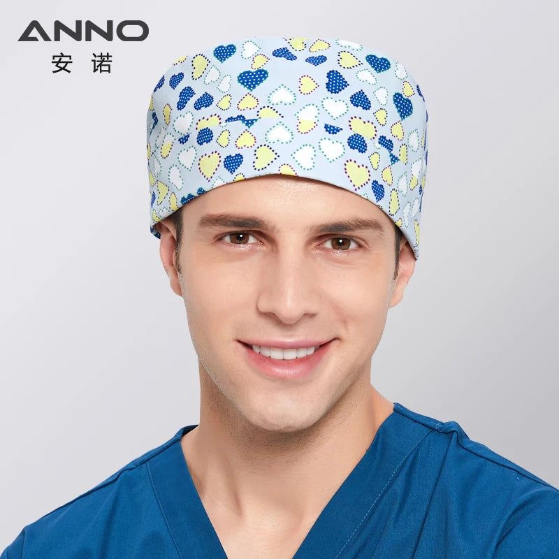 ANNO Cotton Scrub Caps Women Hospital Doctor Nurse Work Hats Nursing Cap Short or Long Hair Head Wear Animal Carton Print 01B-B115