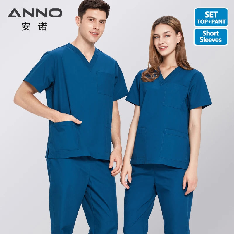 ANNO Solid Color Scrubs Set Work Cloths with Short/Long Sleeves Nursing Uniform Tops Trousers Nurse Suit Hospital Dress 09SS001-HuLan-Set