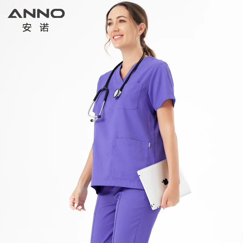 ANNO Cold Fabric Medical Scrubs Set Nursing Uniform Hospital Sanitary Nurse Suit Antibacteria Uniforms Antistatic Coveralls CP03-Set