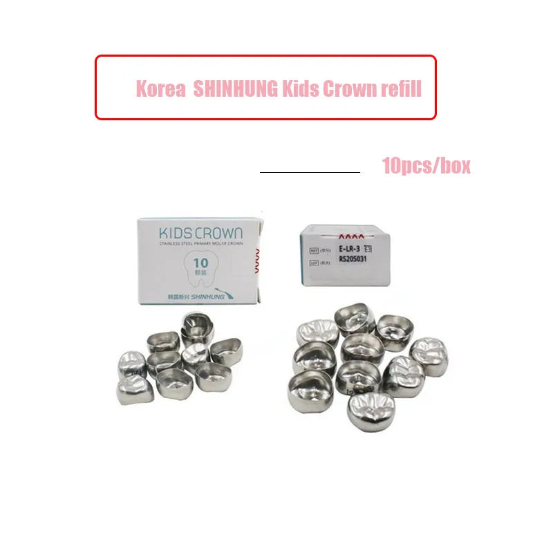 SHINHUNG Dental Crown Kids Primary Molar Refill Stainless Steel for Lower Left/Right 1st/2nd Crowns Molar Teeth 10Pcs/Box