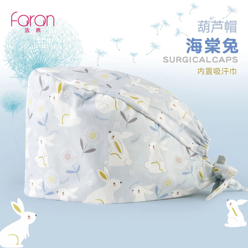 Faran Cotton Scrub Caps Women Men Dentist Hospital Doctor Work Surgical Hats Nursing Head Dress for Men Animal Carton Print FRH01-X042