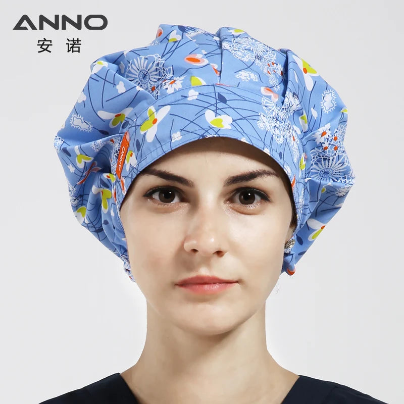 ANNO Cotton Caps Women Hospital Doctor Nurse Work Hats Bouffant Nursing Cap with Sweatband Long Hair Head Wear Chlorine Bleach 01A-B29