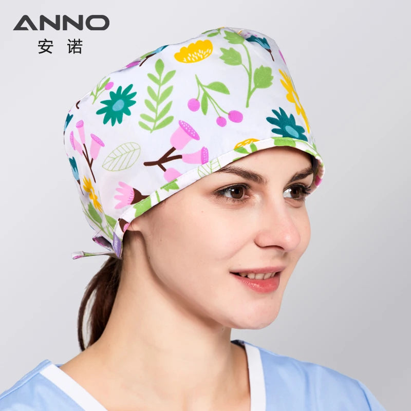 ANNO Disposable Cotton Caps Women Man Hat Clinic Hospital Doctor Nurse Work Hat Bouffant Printing Nursing Cap with Sweatband 01C-B36