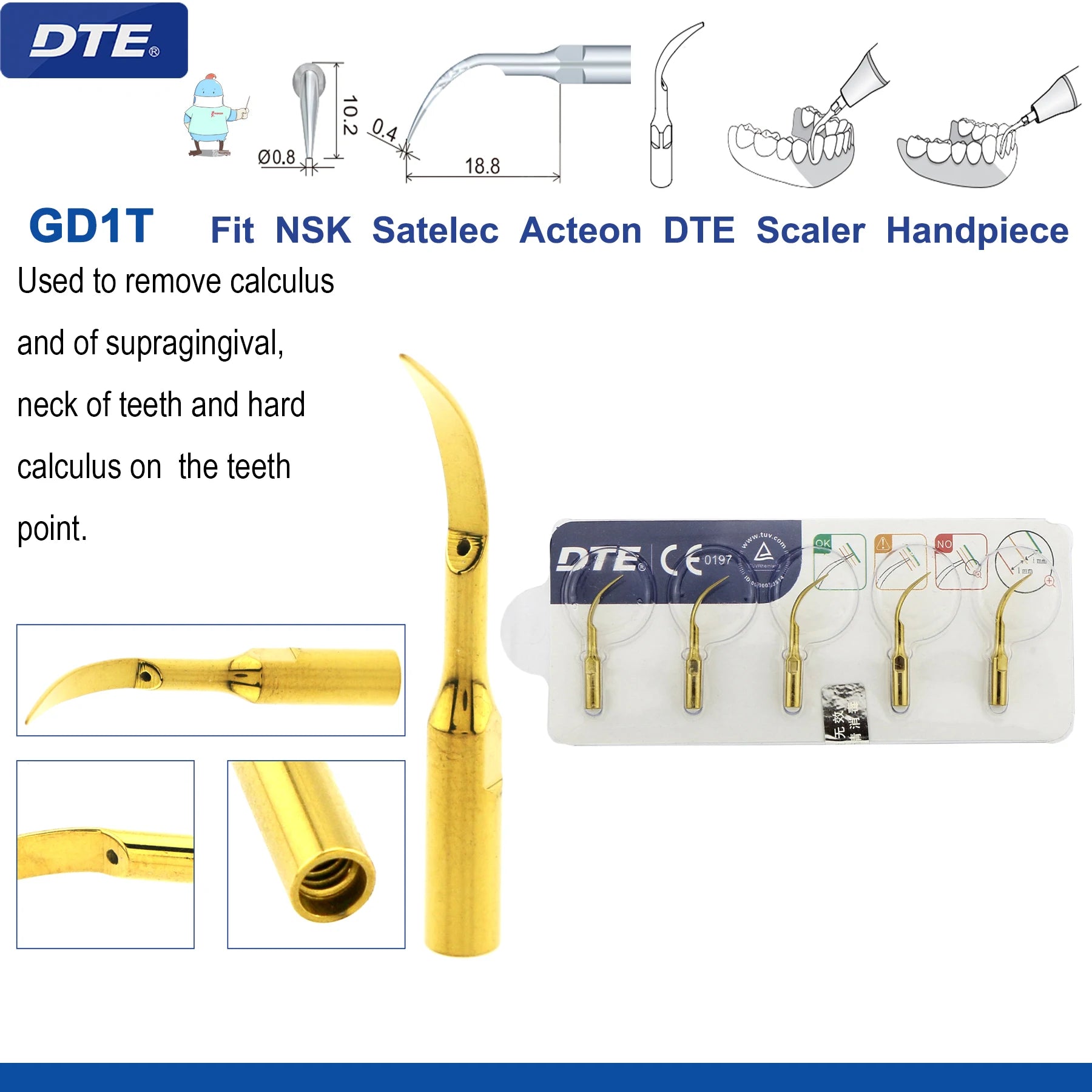 Original Woodpecker DTE Dental Scaler Tips Ultrasonic Scaling Tip G1-G8 GD1-GD8 For teeth cleaning Fit EMS NSK Satelec Acteon GD1T-5pc