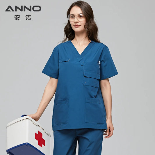 ANNO Multiple Pockets Scrubs Set Work Uniform Hospital Classic Form Foctor Woman Man Nursing Wear Dental Clothing A11-Lake Blue-Set