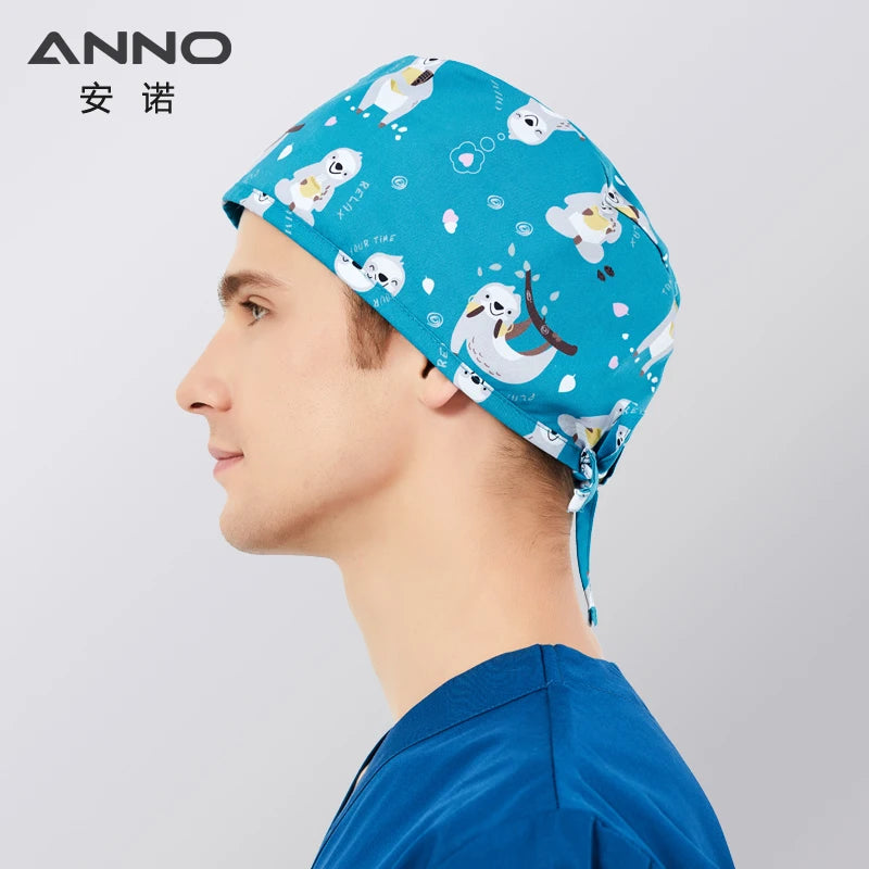 ANNO Disposable Cotton Caps Women Man Hat Clinic Hospital Doctor Nurse Work Hat Bouffant Printing Nursing Cap with Sweatband 01C-B105