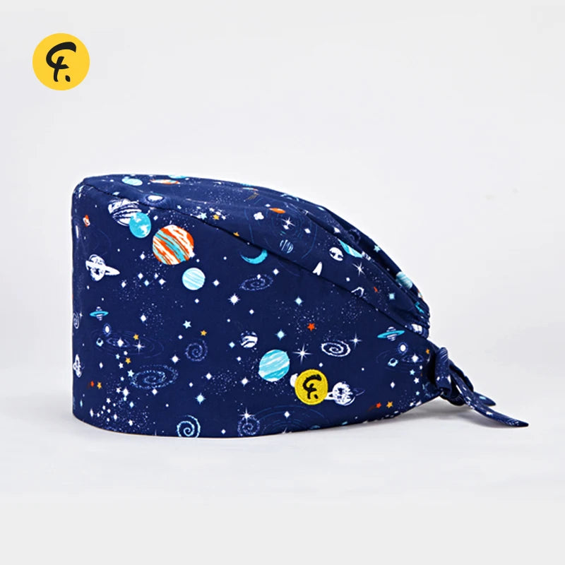 100% Cotton Medical Scrub Caps Women Men Dentist Hospital Doctor Work Surgical Hats Nursing Head Dress Carton Print FRH01-X122