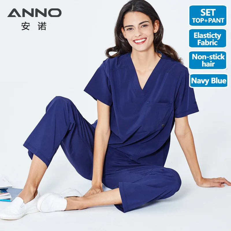ANNO Nurse Uniform Non Stick Hair Fabric Pet Hospital Clothes Scrubs Set Work Doctor Suit Stretch Elasticity Cool Material QunQin-Set-Short