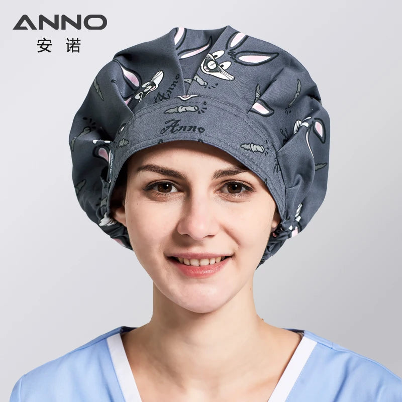 ANNO Cotton Caps Women Hospital Doctor Nurse Work Hats Bouffant Nursing Cap with Sweatband Long Hair Head Wear Chlorine Bleach 01A-B34