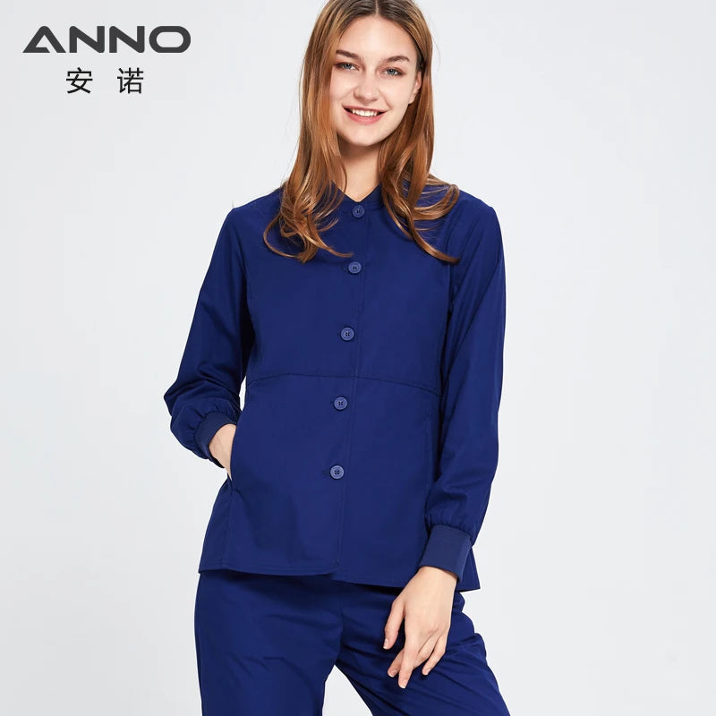 ANNO Long Sleeves Scrubs Jacket Outfit Nurse Unifrom Out Coat Doctor Shirt Out Wear Women Men Nursing Top Hospital Clothing A28-Navy Blue