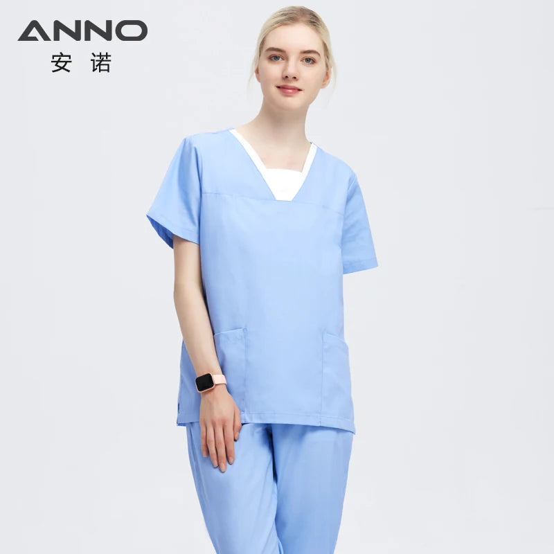 ANNO Blue Scrubs Clothes Nurse Uniforms Pretty Dental Suit Hospital Clothing Sets Tops Bottoms Summer Work Suit
