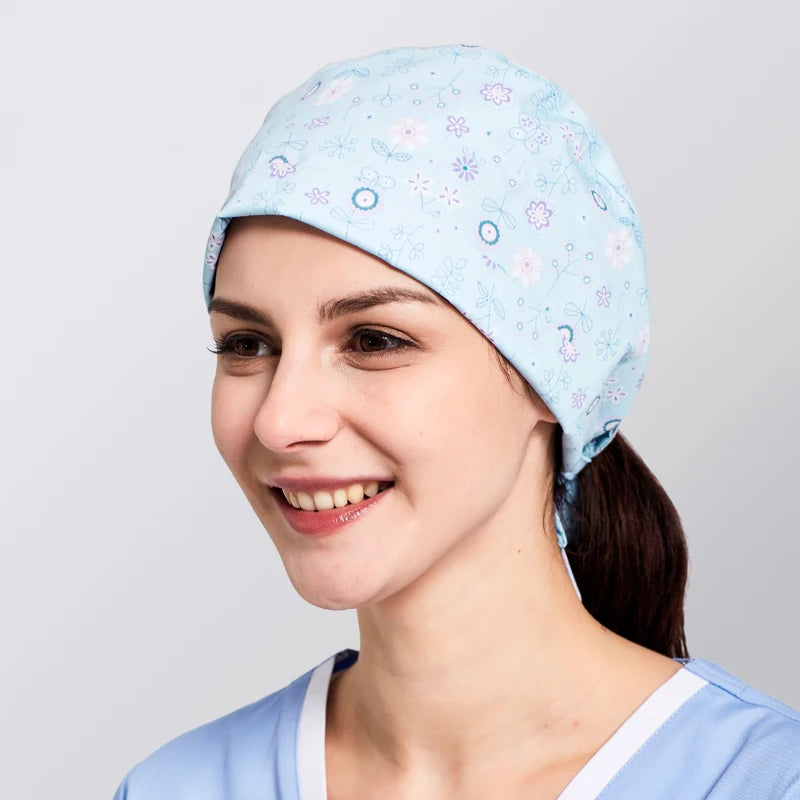 ANNO Cotton Scrub Caps Women Hospital Doctor Nurse Work Hats Nursing Cap Short or Long Hair Head Wear Animal Carton Print 01B-B38