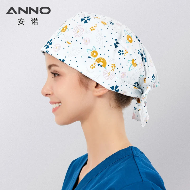 ANNO Cotton Scrub Caps Women Hospital Doctor Nurse Work Hats Nursing Cap Short or Long Hair Head Wear Animal Carton Print 01B-B104
