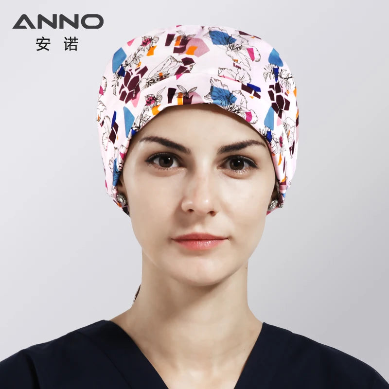 ANNO Cotton Scrub Caps Women Hospital Doctor Nurse Work Hats Nursing Cap Short or Long Hair Head Wear Animal Carton Print 01B-B116