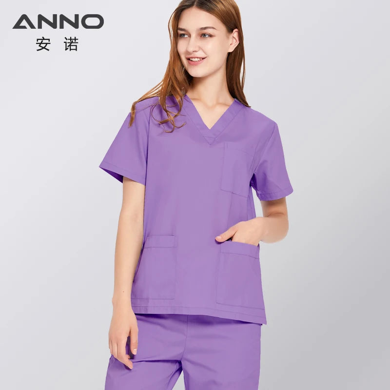 ANNO Solid Color Scrubs Set Work Cloths with Short/Long Sleeves Nursing Uniform Tops Trousers Nurse Suit Hospital Dress 09SS001-ShenZi-Set