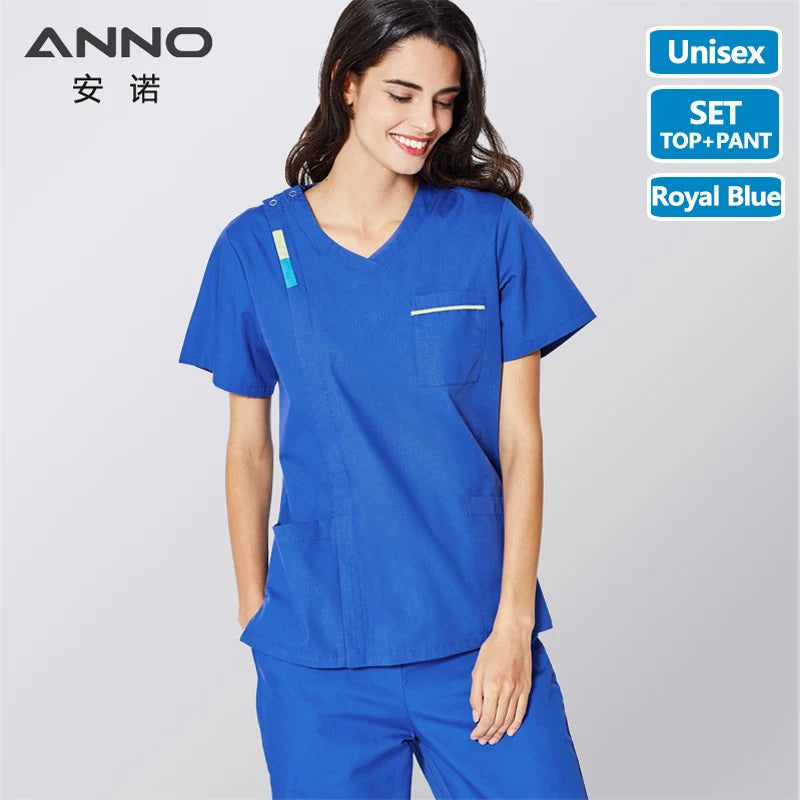 ANNO Scrubs Set with Contrast Color Nursing Scrub Suit Women Men Nurse Uniform Blue Clothing Clinic Uniforms BaoLan-Set