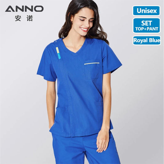 ANNO Scrubs Set with Contrast Color Nursing Scrub Suit Women Men Nurse Uniform Blue Clothing Clinic Uniforms BaoLan-Set