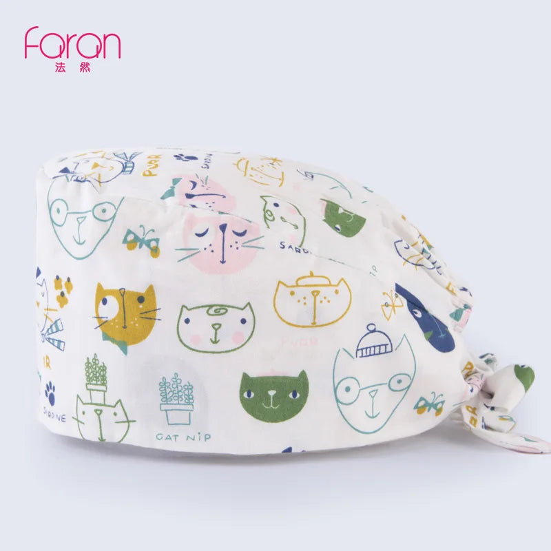 Faran Cotton Scrub Caps Women Men Dentist Hospital Doctor Work Surgical Hats Nursing Head Dress for Men Animal Carton Print FRH01-X061