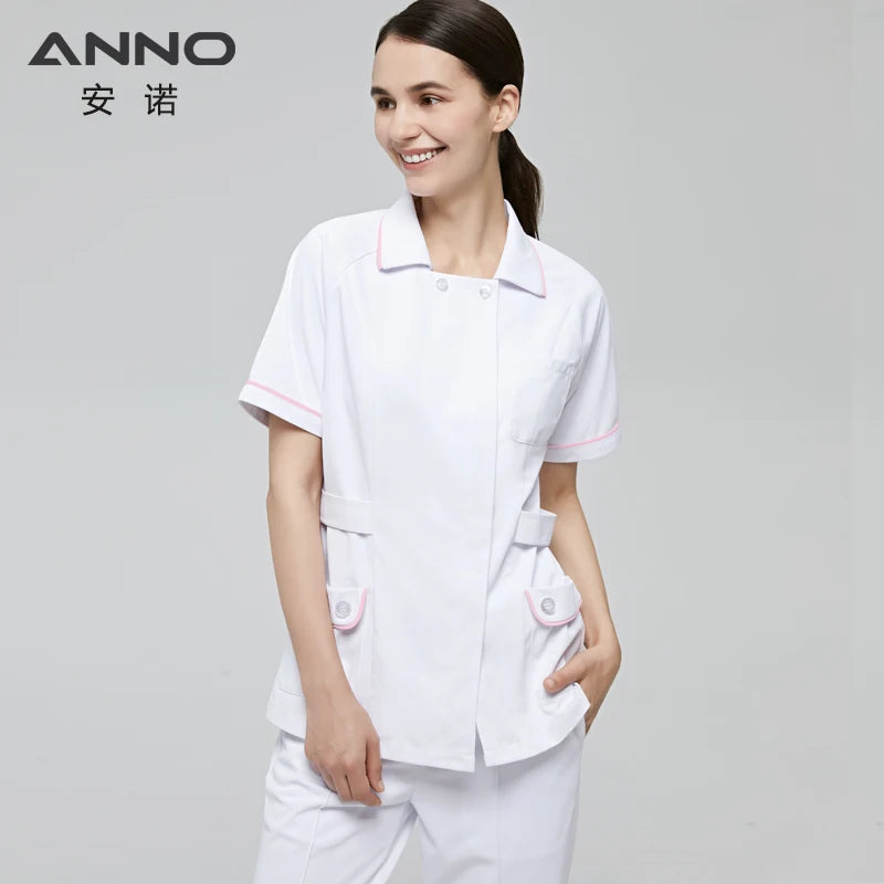 ANNO Pink White Nurse Uniform Set Antibacterial Anti-static Nursing Tunic Slim Fi Caregiver Coveralls Hospital Staff Suits