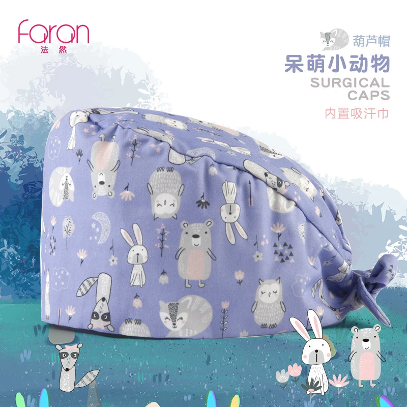 Faran Cotton Scrub Caps Women Men Dentist Hospital Doctor Work Surgical Hats Nursing Head Dress for Men Animal Carton Print FRH01-X041